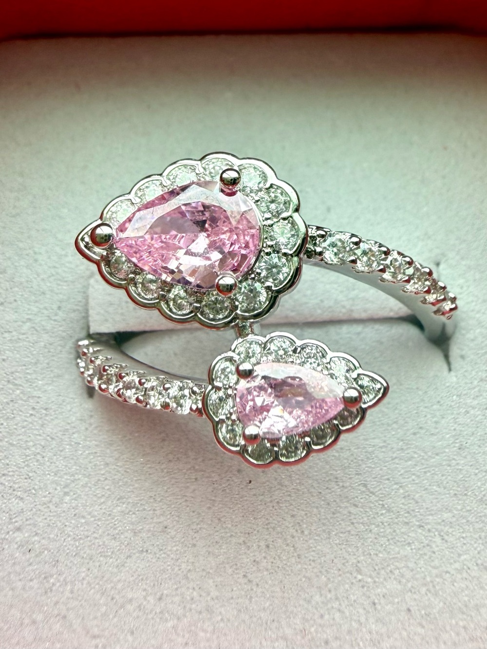NEW! 14k White Gold Plated Elegant Pink Teardrop Halo Double Ring - size 7.5